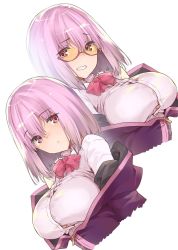 Rule 34 | 10s, 1girl, bow, breasts, collared shirt, glasses, gridman universe, highres, jacket, large breasts, light purple hair, long sleeves, looking at viewer, off shoulder, purple jacket, red eyes, school uniform, shinjou akane, shirt, short hair, smile, solo, ssss.gridman, thomasz, white shirt