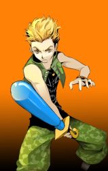 Rule 34 | 1boy, annima, bad deviantart id, bad id, bare shoulders, blonde hair, bracelet, camouflage, camouflage pants, fighting stance, gradient background, hayner, holding, holding weapon, jewelry, kingdom hearts, kingdom hearts ii, male focus, necklace, orange background, pants, pendant, shirt, sleeveless, solo, t-shirt, vest, weapon, yellow eyes