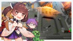 Rule 34 | 1boy, 1girl, :o, ahoge, black jacket, blush, brown hair, commentary request, creeper, glasses, hair ornament, headgear, highres, holding, jacket, japanese clothes, long sleeves, minecraft, open mouth, parted lips, pickaxe, purple hair, shirinda fureiru, shovel, sweat, touhoku kiritan, twintails, voiceroid, wide sleeves, yuzuki yukari&#039;s younger twin brother