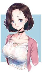 Rule 34 | 1girl, blue background, blue eyes, bra, breasts, brown hair, cardigan, choker, cleavage cutout, closed mouth, clothing cutout, collarbone, earrings, highres, jewelry, large breasts, muto (uadocjon 21), necklace, open cardigan, open clothes, original, patterned, pink sweater, short hair, smile, solo, sweater, underwear, upper body
