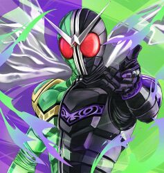 1boy armor black_armor green_armor green_background highres kamen_rider kamen_rider_double kamen_rider_w male_focus purple_background red-tinted_eyewear red_eyes sasakura34 scarf solo tinted_eyewear upper_body white_scarf