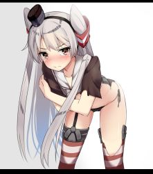 Rule 34 | 10s, 1girl, amatsukaze (kancolle), black panties, blush, brown eyes, covering chest, covering privates, dress, hair tubes, heavens thunder (byakuya-part2), kantai collection, leaning forward, letterboxed, long hair, looking at viewer, panties, red thighhighs, silver hair, solo, striped clothes, striped thighhighs, thighhighs, torn clothes, torn dress, torn thighhighs, two side up, underwear, wavy mouth