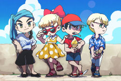 Rule 34 | 1girl, 3boys, black eyes, black footwear, black hair, black shorts, blonde hair, blue footwear, blue scarf, bow, braid, dress, flip-flops, food, freckles, full body, green eyes, hand on another&#039;s shoulder, hat, hawaiian shirt, head scarf, holding, holding food, holding ice cream, ice cream, jeff andonuts, mother (game), mother 2, multiple boys, ness (mother 2), nintendo, open mouth, outdoors, pants, paula (mother 2), polka dot, polka dot dress, poo (mother 2), red-framed eyewear, red bow, red hat, red shirt, sandals, scarf, shirt, short sleeves, shorts, smile, t-shirt, ukata, white pants