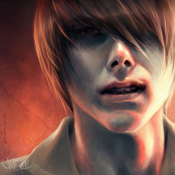 Rule 34 | 1boy, artist name, death note, hair over one eye, lips, male focus, portrait, realistic, shilesque, signature, solo, teeth, yagami light