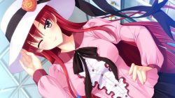 Rule 34 | 1girl, ;), black ribbon, black skirt, dearest blue, dress shirt, dutch angle, floating hair, flower, game cg, hand on own hip, hat, hat flower, kinmedai pink, long hair, long sleeves, looking at viewer, neck ribbon, one eye closed, ootori rio, outdoors, pink shirt, red flower, red hair, ribbon, shirt, skirt, smile, solo, standing, sun hat, very long hair, white hat, yellow eyes