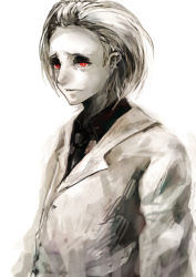 Rule 34 | 1boy, arms at sides, black shirt, blonde hair, closed mouth, collared shirt, grey jacket, hair slicked back, jacket, long sleeves, looking at viewer, male focus, naki (tokyo ghoul), red eyes, sad, shirt, short hair, simple background, solo, straw like, tokyo ghoul, upper body
