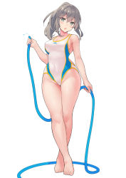 Rule 34 | 1girl, bad id, bad pixiv id, bare shoulders, barefoot, blush, breasts, cleavage, collarbone, competition swimsuit, full body, green eyes, grey hair, hair between eyes, highleg, highleg swimsuit, highres, hose, kekemotsu, large breasts, legs, long hair, looking at viewer, one-piece swimsuit, open mouth, original, ponytail, simple background, solo, swimsuit, white background, white one-piece swimsuit