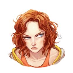 Rule 34 | 1girl, bare shoulders, blue eyes, closed mouth, collarbone, eyelashes, highres, jacket, lipstick, looking to the side, madison (o natsuo88), makeup, medium hair, o natsuo88, off-shoulder jacket, off shoulder, orange tank top, original, portrait, red hair, scowl, solo, tank top, wavy hair, white background