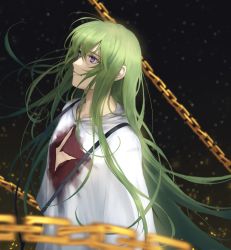 Rule 34 | 1other, androgynous, blood, blood on clothes, chain, closed mouth, enkidu (fate), fate/grand order, fate (series), green hair, highres, kingu (fate), kouzuki kei, long hair, purple eyes, robe, torn clothes, very long hair, white robe
