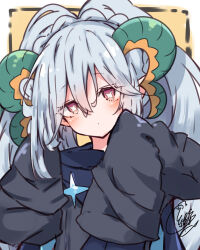 Rule 34 | 1girl, beni shake, black dress, blue scarf, blush, brown background, commentary request, dress, fate/grand order, fate (series), grey hair, hair between eyes, head tilt, horns, larva tiamat (fate), larva tiamat (second ascension) (fate), long hair, long sleeves, looking at viewer, red eyes, scarf, signature, sleeves past fingers, sleeves past wrists, solo, symbol-shaped pupils, tiamat (fate), upper body, very long hair