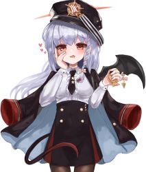 Rule 34 | 1girl, black hat, black jacket, black necktie, black pantyhose, black skirt, black wings, blue archive, blush, bow, braid, collared shirt, cowboy shot, demon tail, demon wings, drooling, food, frilled shirt, frills, hair bow, hand on own cheek, hand on own face, haruna (blue archive), hat, heart, high-waist skirt, highres, holding, holding food, jacket, jacket on shoulders, long hair, long sleeves, looking at viewer, military hat, necktie, open clothes, open jacket, pantyhose, red eyes, shirt, silver hair, simple background, single braid, single wing, skirt, solo, sui2000, tail, taiyaki, wagashi, white background, white shirt, wings