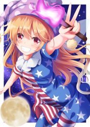 Rule 34 | 1girl, absurdres, american flag dress, american flag legwear, arm up, blonde hair, clownpiece, commentary request, cowboy shot, fairy wings, full moon, grin, hat, highres, holding, holding torch, jester cap, leaning forward, light blush, long hair, looking at viewer, moon, neck ruff, polka dot headwear, purple hat, red eyes, sky, smile, solo, standing, star (sky), starry sky, torch, touhou, unory, v, very long hair, wings