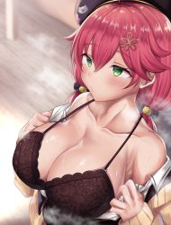 Rule 34 | 1girl, 35p (sakura miko), alternate breast size, alternate hairstyle, bare shoulders, black bra, blush, bra, breasts, breath, cherry blossom print, clothes pull, collarbone, floral print, green eyes, hair ornament, hairclip, hat, highres, hololive, large breasts, nipples, official alternate costume, pink hair, pulled by self, sakura miko, sakura miko (casual), shiki (catbox230123), shirt pull, solo, strap gap, sweat, underwear, undressing, upper body, virtual youtuber