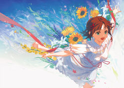 Rule 34 | 1girl, absurdres, amami haruka, barefoot, brown hair, da tengzi, dress, falling petals, flower, hair ribbon, highres, idolmaster, idolmaster (classic), idolmaster million live!, leg up, looking ahead, outstretched arms, petals, red ribbon, ribbon, short hair, short sleeves, smile, soles, solo, sunflower, toes, white dress