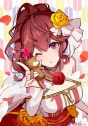 Rule 34 | 1girl, anna (fire emblem), bare shoulders, breasts, criss-cross halter, doll, dress, fire emblem, fire emblem awakening, fire emblem heroes, flower, hair flower, hair ornament, halterneck, heart, high ponytail, holding, holding doll, konfuzikokon, looking at viewer, medium breasts, nintendo, official alternate costume, one eye closed, petals, ponytail, puckered lips, red eyes, red flower, red hair, red rose, rose, solo, watermark, wedding dress, yellow flower, yellow rose