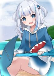 Rule 34 | 1girl, absurdres, animal hood, blue eyes, blue hair, blue hood, blunt bangs, blush, breasts, fins, fish tail, gawr gura, gawr gura (1st costume), grey hair, hair ornament, highres, holding, holding polearm, holding trident, holding weapon, hololive, hololive english, hood, kanadeho, looking at viewer, medium hair, multicolored hair, open mouth, polearm, shark girl, shark hair ornament, shark hood, shark tail, sharp teeth, sidelocks, small breasts, smile, solo, streaked hair, tail, teeth, trident, two side up, upper teeth only, virtual youtuber, weapon