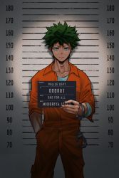 Rule 34 | 1boy, boku no hero academia, character name, commentary, cuffs, english commentary, english text, freckles, green hair, hand in pocket, handcuffs, height chart, height mark, highres, holding, holding sign, lineup, looking at viewer, midoriya izuku, mugshot, prison clothes, sign, solo, teanmoi