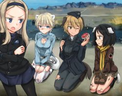 Rule 34 | 4girls, ;), absurdres, aleksandra i. pokryshkin, animal ears, aohashi ame, bandage on face, bandage on knee, bandages, bandaid, bandaid on face, bandaid on nose, black eyes, black footwear, black hair, black jacket, black pantyhose, black shirt, blonde hair, blue eyes, blue hairband, blue shirt, blue skirt, boots, brave witches, breasts, brown eyes, brown gloves, brown hair, brown jacket, cleavage cutout, closed mouth, clothing cutout, collared shirt, commentary request, crossed arms, day, dirty, dirty clothes, emblem, frown, glaring, gloves, hair pulled back, hairband, hands on lap, highres, jacket, kanno naoe, long hair, long sleeves, looking at another, looking back, medium breasts, miniskirt, multiple girls, nikka edvardine katajainen, no pants, one eye closed, open clothes, open jacket, open mouth, opened by self, outdoors, pantyhose, ribbed sweater, scarf, seiza, shirt, short hair, sitting, skirt, smile, standing, star (symbol), sweatdrop, sweater, tail, torn clothes, torn legwear, torn sweater, v arms, waltrud krupinski, white footwear, white legwear, world witches series, yellow scarf