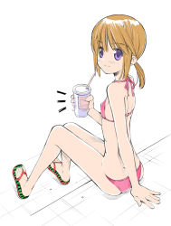 Rule 34 | 1girl, bikini, breasts, brown hair, closed mouth, commentary request, cup, disposable cup, drinking straw, green footwear, halterneck, holding, holding cup, kusano kouichi, looking at viewer, looking back, low twintails, medium hair, notice lines, original, pink bikini, purple eyes, sandals, short twintails, sitting, small breasts, smile, solo, swimsuit, twintails, white background