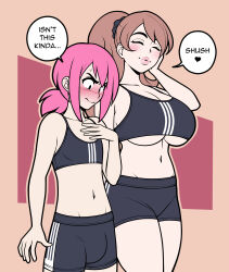 Rule 34 | 1boy, 1girl, absurdres, black shorts, blush, breasts, brown hair, bulge, commentary, embarrassed, english commentary, english text, groin, highres, jam-orbital, large breasts, medium support (meme), meme, navel, original, pink hair, pink lips, ponytail, short shorts, shorts, smile, sports bra, sweatdrop, trap, underboob, undersized clothes, wavy mouth