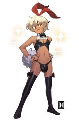 Rule 34 | 1boy, :3, animal ears, artist logo, black thighhighs, blonde hair, blouse, bow, bowtie, bulge, crossdressing, cuffs, full body, hands on own hips, highres, looking at viewer, male focus, orange eyes, original, panties, rabbit ears, rabbit tail, shirt, simple background, smile, solo, sparkle, tail, tan, thehelmet guy, thighhighs, thong, trap, underwear, white background, wrist cuffs