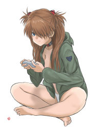 Rule 34 | 1girl, artist request, barefoot, breasts, brown hair, choker, coat, crossed legs, evangelion: 3.0+1.0 thrice upon a time, expressionless, eyepatch, full body, game console, green jacket, highres, interface headset, jacket, long hair, looking at viewer, medium breasts, naked jacket, neon genesis evangelion, no bra, panties, rebuild of evangelion, shiny skin, simple background, souryuu asuka langley, toes, two side up, underwear, very long hair, white panties, wide hips