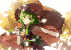 Rule 34 | 1girl, :3, armpits, bare shoulders, blush, bracelet, collar, cowboy shot, eyebrows, floral print, flower, glowing, goggles, goggles on head, green eyes, green hair, gumi, hair flower, hair ornament, head tilt, japanese clothes, jewelry, kanzashi, kimono, linch, looking at viewer, matching hair/eyes, obi, outstretched arm, pearl bracelet, petals, red ribbon, ribbon, sash, short hair with long locks, sidelocks, simple background, smile, solo, tareme, tassel, upper body, vocaloid, white background, wristband