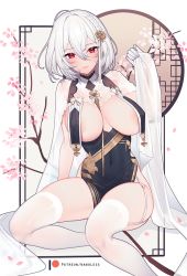 Rule 34 | 1girl, areola slip, azur lane, black dress, blush, braid, branch, breast curtains, breasts, cherry blossoms, china dress, chinese clothes, closed mouth, covered navel, dress, garter straps, gloves, hair between eyes, hair ornament, half gloves, hand up, large breasts, looking at viewer, nanoless, neckwear between breasts, pelvic curtain, petals, red eyes, revealing clothes, see-through, short hair, sirius (azur lane), sirius (azure horizons) (azur lane), smile, solo, thighhighs, thighs, white gloves, white hair, white thighhighs