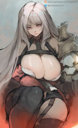 Rule 34 | 1girl, black thighhighs, breasts, cleavage, closed mouth, commentary, commission, english commentary, gray bear, grey hair, highres, jacket, large breasts, long hair, long sleeves, looking at viewer, off shoulder, open clothes, open jacket, original, patreon logo, patreon username, red eyes, red jacket, sitting, solo, thighhighs, twitter logo, twitter username, watermark, web address