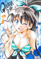 Rule 34 | 1girl, bare shoulders, bikini, bikini top only, black hair, blue eyes, blue theme, bow, bracelet, breasts, cleavage, earrings, female focus, front-tie top, ganaha hibiki, hair bobbles, hair bow, hair ornament, hair ribbon, high ponytail, hoop earrings, idolmaster, idolmaster (classic), jewelry, kuno touya, large breasts, long hair, musical note, o-ring, o-ring top, one eye closed, open mouth, ponytail, ribbon, smile, solo, striped bikini, striped clothes, swimsuit, upper body, wink