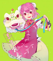 Rule 34 | 1girl, bandaged arm, bandages, blush, breasts, bun cover, chain, commentary request, cuffs, double bun, dragon, eastern dragon, feet out of frame, flower, green background, green skirt, hair between eyes, hair bun, ibaraki kasen, kanon (rsl), long bangs, looking at viewer, medium breasts, open mouth, pink hair, red eyes, red flower, red rose, rose, round teeth, shackles, shirt, short hair, short sleeves, skirt, smile, solo, tabard, teeth, touhou, upper teeth only, white shirt