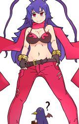 Rule 34 | 1girl, ?, absurdres, belt, bikini, bikini top only, blue hair, breasts, cleavage, closed mouth, disgaea, disgaea d2, fingerless gloves, gloves, highres, jewelry, kami koppu (gerbera777), laharl-chan, large breasts, long hair, looking at viewer, medium breasts, navel, pointy ears, prinny, red eyes, red scarf, scarf, simple background, smile, swimsuit, white background