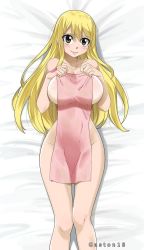 Rule 34 | 1girl, blonde hair, blush, breasts, brown eyes, cleavage, curvy, fairy tail, female focus, gaston18, highres, large breasts, long hair, looking at viewer, lucy heartfilia, lying, naked towel, solo, tattoo, towel, wide hips