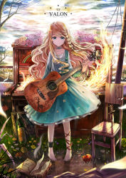Rule 34 | 1girl, acoustic guitar, akabane (zebrasmise), alcohol, ankle cuffs, ankle lace-up, apple, barefoot, blonde hair, blue eyes, braid, chair, choker, collarbone, cross-laced footwear, cuffs, dagger, dress, flower, food, fruit, guitar, highres, instrument, knife, light smile, long hair, looking at viewer, md5 mismatch, original, piano, pigeon-toed, resolution mismatch, side braid, solo, source smaller, star (symbol), star print, wavy hair, weapon, wine