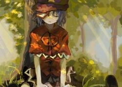 Rule 34 | black hat, black ribbon, black skirt, blue hair, chinese clothes, closed eyes, closed mouth, day, forest, frown, hat, highres, miyako yoshika, nature, neck ribbon, ofuda, ofuda on head, outdoors, ribbon, short hair, short sleeves, sitting, skirt, tangzhuang, touhou, youshouhaoxianzhe
