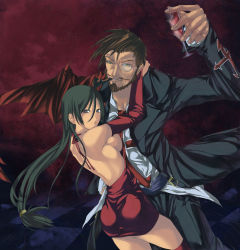 Rule 34 | 1boy, 1girl, arc system works, arm around neck, ass, backless dress, backless outfit, bare back, beard, black eyes, black hair, blood, breasts, bridal gauntlets, brown hair, checkered floor, couple, cup, dress, drinking glass, elbow gloves, facial hair, floor, gloves, green eyes, guilty gear, hetero, highres, hug, large breasts, long hair, looking back, manly, monocle, monocle chain, mustache, nyami, red thighhighs, sharon (guilty gear), sideboob, slayer (guilty gear), smile, smoking pipe, thighhighs, vampire, wine glass, wings