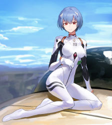 Rule 34 | 1girl, absurdres, ayanami rei, blue hair, blue sky, blurry, blurry background, bodysuit, breasts, closed mouth, cloud, commentary, day, english commentary, full body, highres, looking at viewer, mac star, medium breasts, neon genesis evangelion, outdoors, plugsuit, red eyes, short hair, sitting, skin tight, sky, solo, white bodysuit