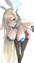 Rule 34 | 1girl, animal ears, asuna (blue archive), asuna (bunny) (blue archive), black pantyhose, blonde hair, blue archive, blue eyes, bow, bowtie, breasts, detached collar, grin, hair over one eye, halo, hanging breasts, highleg, highleg leotard, highres, large breasts, leotard, long hair, mole, mole on breast, nonco, pantyhose, playboy bunny, rabbit ears, simple background, smile, white background