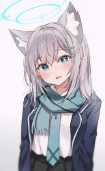 Rule 34 | 1girl, animal ear fluff, animal ears, bad id, bad pixiv id, black jacket, black skirt, blue archive, blue eyes, blue necktie, blue scarf, blush, fringe trim, goyain, grey background, grey hair, hair between eyes, hair ornament, halo, jacket, long hair, looking at viewer, necktie, open clothes, open jacket, open mouth, pleated skirt, scarf, shiroko (blue archive), simple background, skirt, solo, twitter username