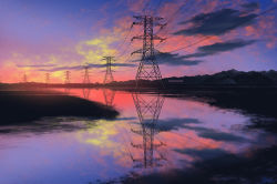Rule 34 | 3d, artist name, blender (medium), blue sky, commentary, english commentary, highres, making-of available, mclelun, no humans, original, outdoors, photoshop (medium), power lines, purple sky, reflection, river, scenery, signature, sky, sunset, transmission tower, twilight