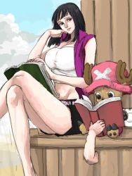 Rule 34 | 1boy, 1girl, age difference, black eyes, black hair, book, breasts, knees, legs, crossed legs, lipstick, makeup, nico robin, one piece, reading, smile, tagme, thighs, tony tony chopper