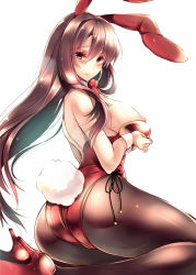 Rule 34 | 1girl, amane ruri, animal ears, ass, black pantyhose, blush, bow, bowtie, breast hold, breasts, brown eyes, brown hair, detached collar, fake animal ears, fake tail, female focus, high heels, large breasts, leotard, long hair, md5 mismatch, nipples, open mouth, original, pantyhose, playboy bunny, rabbit ears, rabbit tail, simple background, sitting, smile, solo, tail, wariza, white background, wrist cuffs