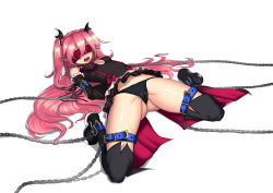 Rule 34 | 10s, 1girl, absurdres, arms behind back, bad id, bad pixiv id, bandages, bdsm, belt, bondage, bound, bow, breasts, chain, cleavage, detached sleeves, eyepatch, frills, greem bang, highres, krul tepes, long hair, lying, open mouth, owari no seraph, pink hair, pointy ears, restrained, ribbon, simple background, small breasts, solo, thong, two side up