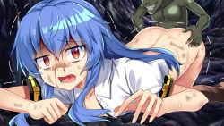 Rule 34 | 1boy, 1girl, ass, black legwear, blue hair, bottomless, commentary request, dirty, dirty face, e.o., feet out of frame, goblin, goblin male, grin, hair between eyes, head out of frame, hetero, highres, hinanawi tenshi, long hair, looking at viewer, no headwear, open mouth, pointy nose, puffy short sleeves, puffy sleeves, rape, red eyes, sex, shirt, short sleeves, sidelocks, smile, sweat, tears, top-down bottom-up, touhou, white shirt