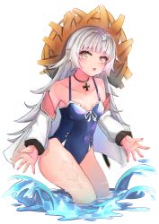 Rule 34 | 1girl, absurdres, azur lane, bad id, bad pixiv id, bare shoulders, blue one-piece swimsuit, breasts, brown eyes, collarbone, covered navel, hat, highres, huge filesize, jacket, jewelry, long hair, long sleeves, looking at viewer, minertime, necklace, off shoulder, one-piece swimsuit, open clothes, open jacket, open mouth, silver hair, simple background, small breasts, solo, straw hat, swimsuit, thighs, very long hair, wading, water, white background, white jacket, z46 (azur lane), z46 (her first summer) (azur lane)