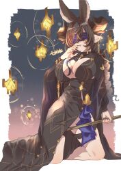 Rule 34 | 1girl, absurdres, animal ears, black dress, black nails, blindfold, blue hair, brown hair, center opening, dress, drill hair, galleon (granblue fantasy), galleon (life&#039;s compassionate observer) (granblue fantasy), granblue fantasy, hatake oekaki, highres, holding, holding staff, horns, kneeling, multicolored hair, pointy ears, purple blindfold, solo, staff, thigh strap, two-tone hair, wide sleeves