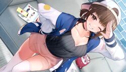 Rule 34 | 1girl, asahi (vjss4548), baseball cap, breasts, brown eyes, brown hair, character request, cleavage, copyright request, feet out of frame, from above, grin, hat, highres, jacket, letterman jacket, looking at viewer, medium breasts, medium hair, official art, one eye closed, one side up, ribbed shirt, shirt, short shorts, shorts, smile, twintails