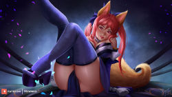Rule 34 | 1girl, animal ears, ass, bare shoulders, bow, breasts, fate/extra, fate (series), fox ears, fox tail, hair bow, highres, japanese clothes, long hair, looking at viewer, mole, mole on shoulder, open mouth, pink hair, prywinko, skindentation, smile, solo, tail, tamamo (fate), tamamo no mae (fate/extra), thighhighs, yellow eyes