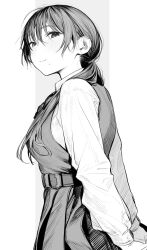Rule 34 | 1girl, collared shirt, dress, greyscale, highres, long hair, long sleeves, looking at viewer, low ponytail, mole, mole under mouth, momokumo, monochrome, original, pinafore dress, shirt, simple background, sleeveless, sleeveless dress, smile, solo, upper body