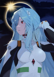 Rule 34 | 1girl, ayanami rei, backlighting, blue hair, bodysuit, breasts, eclipse, evangelion: 3.0+1.0 thrice upon a time, frown, hairpods, highres, interface headset, medium breasts, migu (iws2525), moon, neon genesis evangelion, official alternate hair length, official alternate hairstyle, pilot suit, plugsuit, rebuild of evangelion, red eyes, sky, solo, star (sky), starry sky, upper body, white bodysuit